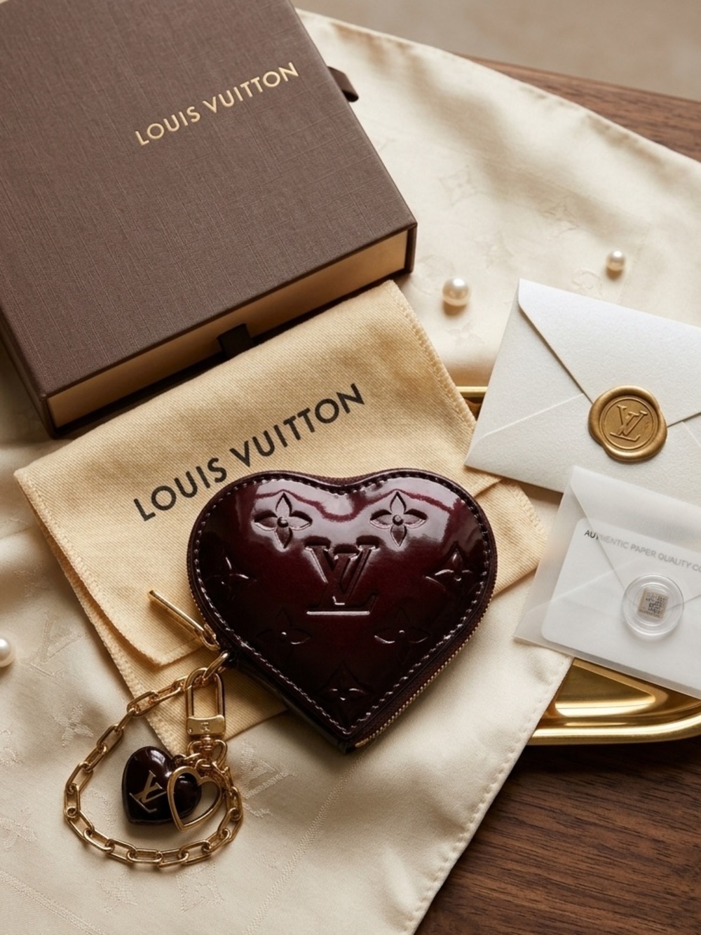 Louis Vuitton Burgundy Vernis Heart Key Pouch with Gold Chain- FREE COA